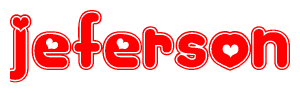 The image is a clipart featuring the word Jeferson written in a stylized font with a heart shape replacing inserted into the center of each letter. The color scheme of the text and hearts is red with a light outline.