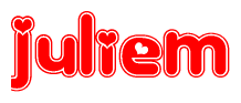 The image is a red and white graphic with the word Juliem written in a decorative script. Each letter in  is contained within its own outlined bubble-like shape. Inside each letter, there is a white heart symbol.