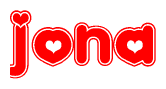 The image is a clipart featuring the word Jona written in a stylized font with a heart shape replacing inserted into the center of each letter. The color scheme of the text and hearts is red with a light outline.