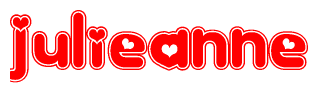 The image is a red and white graphic with the word Julieanne written in a decorative script. Each letter in  is contained within its own outlined bubble-like shape. Inside each letter, there is a white heart symbol.
