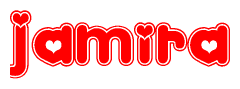 The image is a red and white graphic with the word Jamira written in a decorative script. Each letter in  is contained within its own outlined bubble-like shape. Inside each letter, there is a white heart symbol.