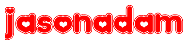 The image is a red and white graphic with the word Jasonadam written in a decorative script. Each letter in  is contained within its own outlined bubble-like shape. Inside each letter, there is a white heart symbol.