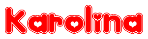 The image is a red and white graphic with the word Karolina written in a decorative script. Each letter in  is contained within its own outlined bubble-like shape. Inside each letter, there is a white heart symbol.
