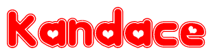 The image is a red and white graphic with the word Kandace written in a decorative script. Each letter in  is contained within its own outlined bubble-like shape. Inside each letter, there is a white heart symbol.