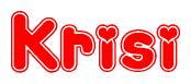 The image is a red and white graphic with the word Krisi written in a decorative script. Each letter in  is contained within its own outlined bubble-like shape. Inside each letter, there is a white heart symbol.