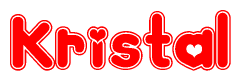 The image is a red and white graphic with the word Kristal written in a decorative script. Each letter in  is contained within its own outlined bubble-like shape. Inside each letter, there is a white heart symbol.