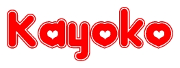 The image is a red and white graphic with the word Kayoko written in a decorative script. Each letter in  is contained within its own outlined bubble-like shape. Inside each letter, there is a white heart symbol.