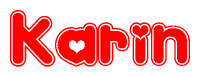 The image is a clipart featuring the word Karin written in a stylized font with a heart shape replacing inserted into the center of each letter. The color scheme of the text and hearts is red with a light outline.