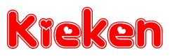 The image is a red and white graphic with the word Kieken written in a decorative script. Each letter in  is contained within its own outlined bubble-like shape. Inside each letter, there is a white heart symbol.