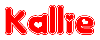 The image is a red and white graphic with the word Kallie written in a decorative script. Each letter in  is contained within its own outlined bubble-like shape. Inside each letter, there is a white heart symbol.