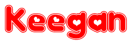 The image is a red and white graphic with the word Keegan written in a decorative script. Each letter in  is contained within its own outlined bubble-like shape. Inside each letter, there is a white heart symbol.