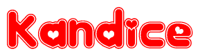 The image is a red and white graphic with the word Kandice written in a decorative script. Each letter in  is contained within its own outlined bubble-like shape. Inside each letter, there is a white heart symbol.