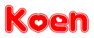 The image displays the word Koen written in a stylized red font with hearts inside the letters.