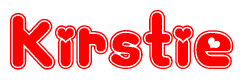 The image is a red and white graphic with the word Kirstie written in a decorative script. Each letter in  is contained within its own outlined bubble-like shape. Inside each letter, there is a white heart symbol.
