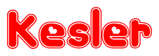 The image is a red and white graphic with the word Kesler written in a decorative script. Each letter in  is contained within its own outlined bubble-like shape. Inside each letter, there is a white heart symbol.