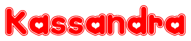 The image is a red and white graphic with the word Kassandra written in a decorative script. Each letter in  is contained within its own outlined bubble-like shape. Inside each letter, there is a white heart symbol.