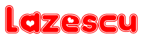 The image is a red and white graphic with the word Lazescu written in a decorative script. Each letter in  is contained within its own outlined bubble-like shape. Inside each letter, there is a white heart symbol.
