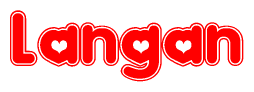 The image is a red and white graphic with the word Langan written in a decorative script. Each letter in  is contained within its own outlined bubble-like shape. Inside each letter, there is a white heart symbol.