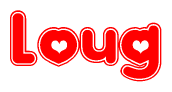 The image is a clipart featuring the word Loug written in a stylized font with a heart shape replacing inserted into the center of each letter. The color scheme of the text and hearts is red with a light outline.