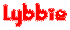 The image is a red and white graphic with the word Lybbie written in a decorative script. Each letter in  is contained within its own outlined bubble-like shape. Inside each letter, there is a white heart symbol.