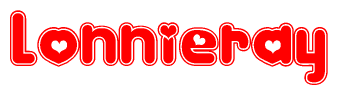The image is a clipart featuring the word Lonnieray written in a stylized font with a heart shape replacing inserted into the center of each letter. The color scheme of the text and hearts is red with a light outline.