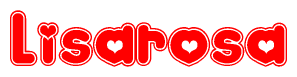 The image is a red and white graphic with the word Lisarosa written in a decorative script. Each letter in  is contained within its own outlined bubble-like shape. Inside each letter, there is a white heart symbol.