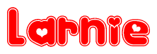 The image is a red and white graphic with the word Larnie written in a decorative script. Each letter in  is contained within its own outlined bubble-like shape. Inside each letter, there is a white heart symbol.
