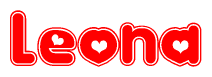 The image is a clipart featuring the word Leona written in a stylized font with a heart shape replacing inserted into the center of each letter. The color scheme of the text and hearts is red with a light outline.