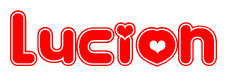 The image is a clipart featuring the word Lucion written in a stylized font with a heart shape replacing inserted into the center of each letter. The color scheme of the text and hearts is red with a light outline.