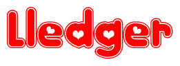 The image is a red and white graphic with the word Lledger written in a decorative script. Each letter in  is contained within its own outlined bubble-like shape. Inside each letter, there is a white heart symbol.