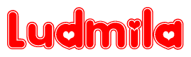 The image is a red and white graphic with the word Ludmila written in a decorative script. Each letter in  is contained within its own outlined bubble-like shape. Inside each letter, there is a white heart symbol.