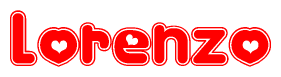 The image is a clipart featuring the word Lorenzo written in a stylized font with a heart shape replacing inserted into the center of each letter. The color scheme of the text and hearts is red with a light outline.