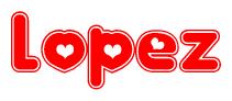 The image is a clipart featuring the word Lopez written in a stylized font with a heart shape replacing inserted into the center of each letter. The color scheme of the text and hearts is red with a light outline.