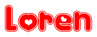 The image is a clipart featuring the word Loren written in a stylized font with a heart shape replacing inserted into the center of each letter. The color scheme of the text and hearts is red with a light outline.