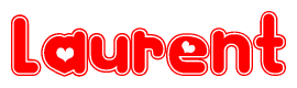 The image is a red and white graphic with the word Laurent written in a decorative script. Each letter in  is contained within its own outlined bubble-like shape. Inside each letter, there is a white heart symbol.
