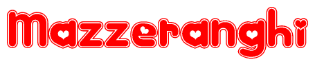 The image is a red and white graphic with the word Mazzeranghi written in a decorative script. Each letter in  is contained within its own outlined bubble-like shape. Inside each letter, there is a white heart symbol.