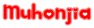 The image is a red and white graphic with the word Muhonjia written in a decorative script. Each letter in  is contained within its own outlined bubble-like shape. Inside each letter, there is a white heart symbol.