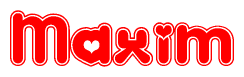 The image is a clipart featuring the word Maxim written in a stylized font with a heart shape replacing inserted into the center of each letter. The color scheme of the text and hearts is red with a light outline.