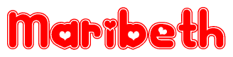The image is a red and white graphic with the word Maribeth written in a decorative script. Each letter in  is contained within its own outlined bubble-like shape. Inside each letter, there is a white heart symbol.