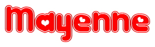 The image is a clipart featuring the word Mayenne written in a stylized font with a heart shape replacing inserted into the center of each letter. The color scheme of the text and hearts is red with a light outline.