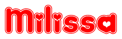 The image is a red and white graphic with the word Milissa written in a decorative script. Each letter in  is contained within its own outlined bubble-like shape. Inside each letter, there is a white heart symbol.