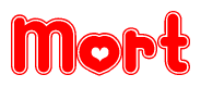 The image is a clipart featuring the word Mort written in a stylized font with a heart shape replacing inserted into the center of each letter. The color scheme of the text and hearts is red with a light outline.