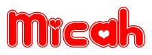 The image is a clipart featuring the word Micah written in a stylized font with a heart shape replacing inserted into the center of each letter. The color scheme of the text and hearts is red with a light outline.