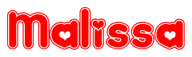 The image is a clipart featuring the word Malissa written in a stylized font with a heart shape replacing inserted into the center of each letter. The color scheme of the text and hearts is red with a light outline.
