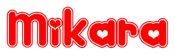 The image is a red and white graphic with the word Mikara written in a decorative script. Each letter in  is contained within its own outlined bubble-like shape. Inside each letter, there is a white heart symbol.