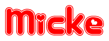 The image displays the word Micke written in a stylized red font with hearts inside the letters.