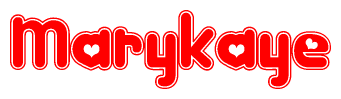 The image is a red and white graphic with the word Marykaye written in a decorative script. Each letter in  is contained within its own outlined bubble-like shape. Inside each letter, there is a white heart symbol.