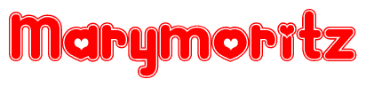 The image is a red and white graphic with the word Marymoritz written in a decorative script. Each letter in  is contained within its own outlined bubble-like shape. Inside each letter, there is a white heart symbol.