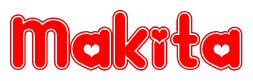The image is a red and white graphic with the word Makita written in a decorative script. Each letter in  is contained within its own outlined bubble-like shape. Inside each letter, there is a white heart symbol.