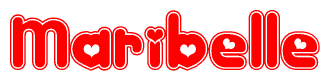 The image is a red and white graphic with the word Maribelle written in a decorative script. Each letter in  is contained within its own outlined bubble-like shape. Inside each letter, there is a white heart symbol.